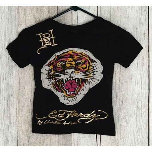 Ed Hardy Girls Tee Sz 4-5 Rhinestones Studs Geisha Rose Tiger RARE Y2K Retro NWT - Picture 2 of 6